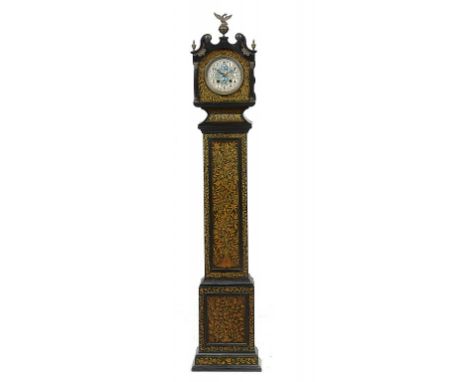 AN EBONISED AND GILT DWARF 'AESTETIC'  LONGCASE CLOCK, LATE 19TH C  the gilt round earthenware dial painted in bright blue wi