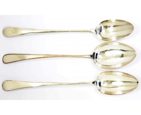 TWO SHEFFIELD PLATE BASTING SPOONS AND ANOTHER, HASH OR BASTING SPOON, LATE 18TH/EARLY 19TH C  one by Nathaniel Smith, anothe