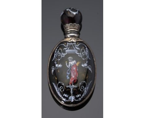 A FRENCH SILVER GILT MOUNTED LIMOGES ENAMEL SCENT BOTTLE, LATE 19TH C painted to the front with a nymph in diaphanous red dra
