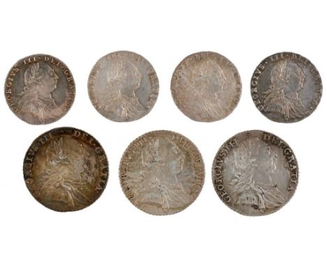 GREAT BRITAIN.  MILLED SILVER, GEORGE III SHILLING 1787 (3), Sixpences 1787 (4), all without hearts, VF-gEF (7)++++