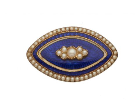 A GOLD AND WHITE AND BLUE GUILLOCHE ENAMEL AND SPLIT PEARL SHUTTLE SHAPED BROOCH, 19TH C  32mm, 8g, later pin fitment++Blue e