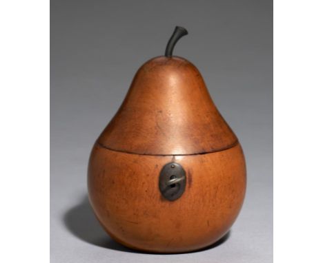 A GEORGE III FRUITWOOD TEA CADDY IN THE FORM OF A PEAR, C1800  steel lock and oval keyplate, 15cm h++Stalk replaced, good con