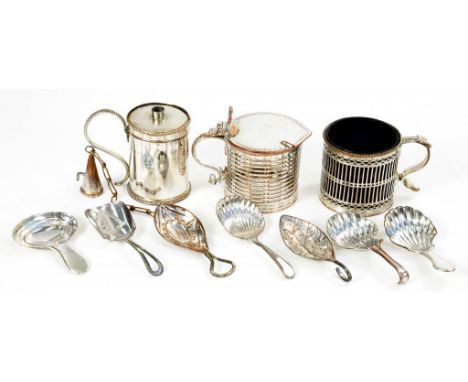 TEN SHEFFIELD PLATE ARTICLES INCLUDING A BOUGIE BOX, COVER AND EXTINGUISHER, C1800 7cm h, two pierced cylindrical mustard pot