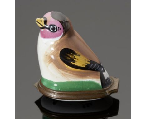 A SOUTH STAFFORDSHIRE ENAMEL GOLDFINCH BONBONNIERE, C1770 the lid painted with flowers, 4.7cm h++Some professional restoratio