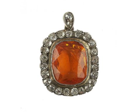 A FIRE OPAL AND DIAMOND CUSHION SHAPED PENDANT, EARLY 20TH C with diamond loop, 15 x 22mm overall, 3g++Good condition