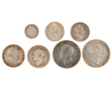 GREAT BRITAIN.  MILLED SILVER, WILLIAM IV SHILLING 1837 Sixpence 1831, Britannia Groats 1837 (2), Three-halfpence 1836, mostl