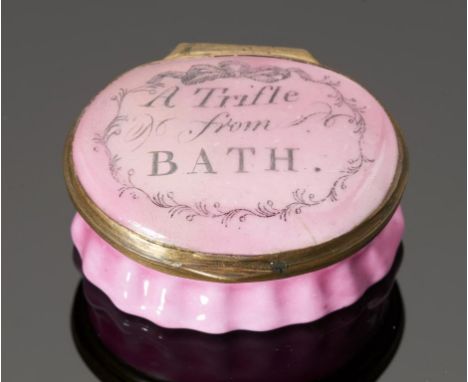 A SOUTH STAFFORDSHIRE ENAMEL PATCH BOX, LATE 18TH C  the lid printed A Trifle from Bath on a pink ground, 4.3cm w++Glass mirr