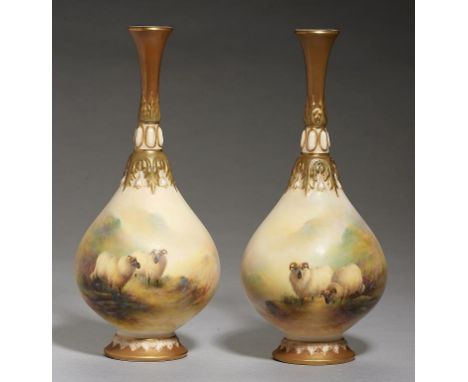 A PAIR OF ROYAL WORCESTER VASES, 1912-3 painted by E Barker, both signed, with sheep on a misty hillside, 21cm h, puce printe