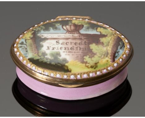 A SOUTH STAFFORDSHIRE ENAMEL PATCH BOX, C1780  the lid painted with an altar in a glade inscribed Sacred to Friendship, the b