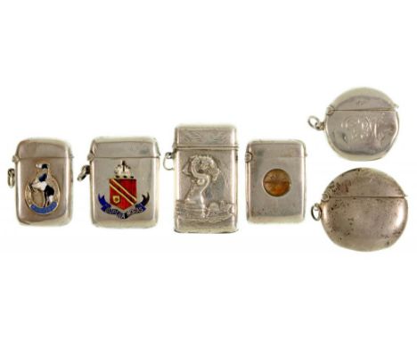 SIX SILVER VESTA CASES   comprising enamelled Arms of the Borough of Bolton, applied enamel horse and horseshoe, inset compas