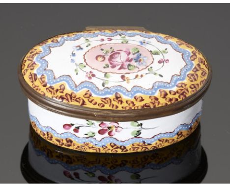 A CONTINENTAL ENAMEL BOX, LATE 19TH C the slightly domed lid and sides painted with flowers in wavy blue and yellow border, 6