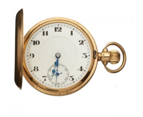 A SWISS 9CT GOLD KEYLESS LEVER HUNTING CASED WATCH RECORD No 150850, in plain case, 49cmm, casemaker Benson  Bros, Chester 19