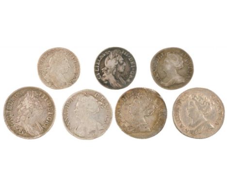 GREAT BRITAIN.  MILLED SILVER, WILLIAM III SHILLING 1696 Sixpences 1696, 1697, Anne Shillings 1708E, 1711 (2), Sixpence 1711,