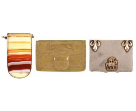 A VICTORIAN EMBOSSED BRASS SNUFF BOX TYPE VESTA CASE, C1870   in the form of a purse die stamped with running fox and TALLY-H
