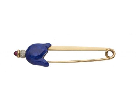 CARTIER.  A CARVED LAPIS LAZULI, DIAMOND, RUBY AND GOLD SAFETY PIN, C1950  84mm, faintly signed Cartier,  17.5g++Some fine li