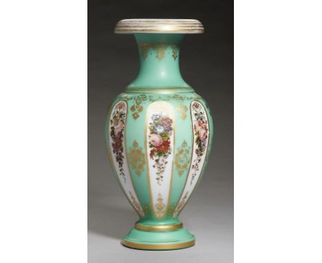 A FRENCH OVERLAY GLASS VASE, C1860  in opal cased in green with turnover rim,  painted with pendulous flowers and gilt, 28cm 