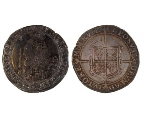 ENGLAND. HAMMERED SILVER, ELIZABETH I CROWN mm1, large flan, excellent portrait, minor digs in reverse top left quarter, Fine