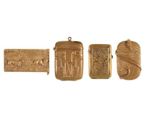 GOLF INTEREST.  A BRASS VESTA CASE, EARLY 20TH C   embossed with golf clubs and balls, 4.5cm h  and three other decorative br