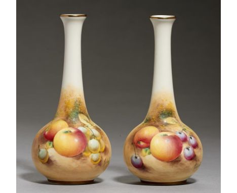 A PAIR OF ROYAL WORCESTER BOTTLE SHAPED VASES, 1966 AND 8  painted by Roberts, both signed, with fruit, 13cm h, black printed