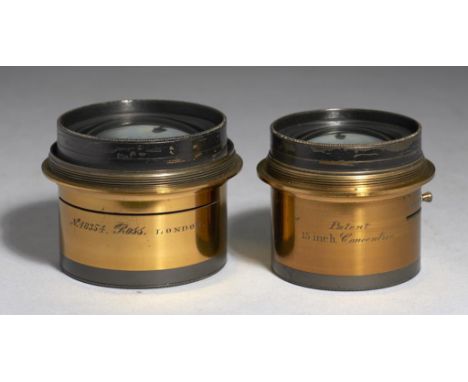VICTORIAN PHOTOGRAPHY.  TWO ROSS BRASS 15 AND 18 INCH PATENT CONCENTRIC CAMERA LENSES, NOS 53606 AND 48354, C1900  maximum ap