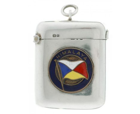 SHIPPING.  A SILVER VESTA CASE   applied with a brass and enamel roundel with flag of the P&O line and name of the SS "HIMALA