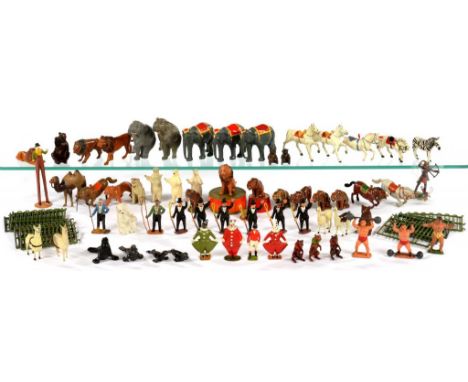 A QUANTITY OF   BRITAINS LTD  CHARBENS AND OTHER HOLLOW CAST LEAD ALLOY CIRCUS FIGURES AND ANIMALS  including ringmasters, cl