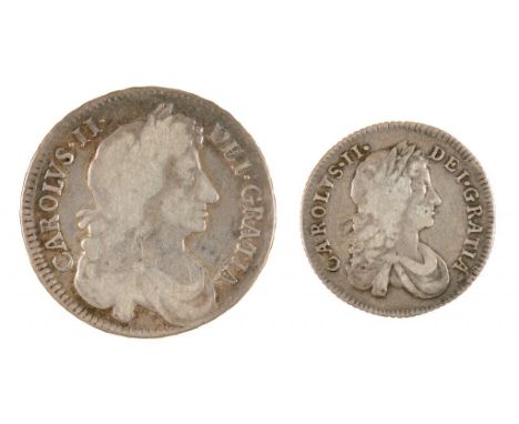 GREAT BRITAIN.  MILLED SILVER CHARLESS II HALF CROWN 1677 Nono, Fine, Shilling 1668 gF (2)++++