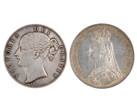 GREAT BRITAIN.  MILLED SILVER, VICTORIA CROWN 1844 Fine - Very Fine, 1887 EF (2)++++