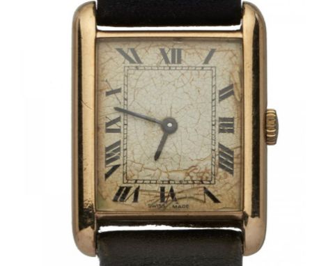 A     9CT GOLD TANK WRISTWATCH  23 x 30mm, Convention marked++Dial paint stained and flaking, movement in apparently working 