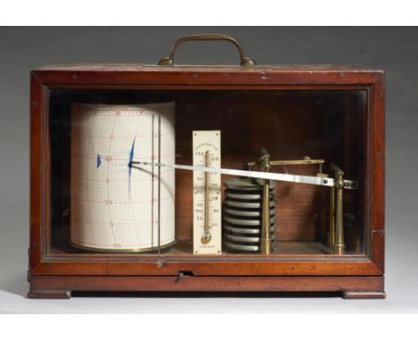 A FRENCH MAHOGANY BAROGRAPH, LATE 19TH C  with lacquered brass mechanism, tinplate (?) aneroid capsules, with diaphragm and t