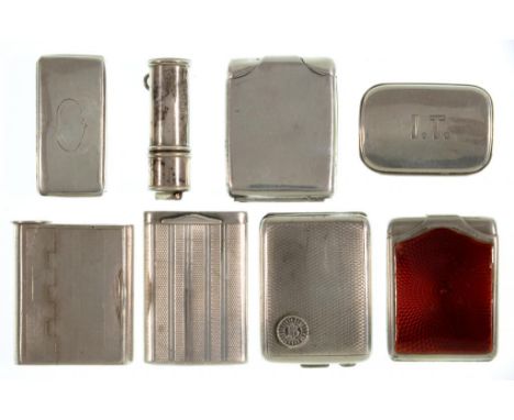 THREE SILVER SNUFF BOX TYPE VESTA CASES one with cantilevered lid, another with inset steel striking plate, 5-5.5cm w, one by