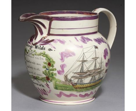 AN INSCRIBED  SUNDERLAND LUSTRE CREAMWARE JUG, PROBABLY DIXON & CO PARTNERSHIP, C1815-20 transfer printed and painted in brig