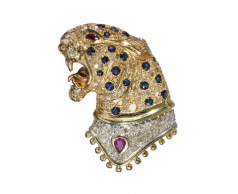 A SAPPHIRE, DIAMOND, RUBY AND TWO COLOUR GOLD TIGER'S HEAD BROOCH-PENDANT  26 x 50mm overall, 16g++Good condition