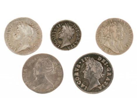 GREAT BRITAIN.  HAMMERED SILVER, JAMES II MAUNDY, TWOPENCE 1687, Threepence 1687, Fourpence 1686, William and Mary Threepence