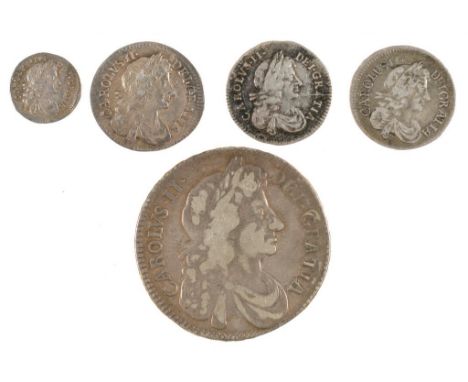 GREAT BRITAIN.  MILLED SILVER, CHARLES II HALF CROWN 1677 Nono, Fine-good Fine, Maundy, Penny 1677, Threepence 1677, 1679, Fo