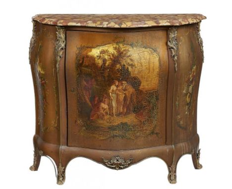 A FRENCH 'VERNIS MARTIN' COMMODE IN LOUIS XV STYLE, C1900  with breche d'alep marble top, the door and shaped sides painted w