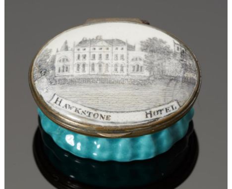 A SOUTH STAFFORDSHIRE ENAMEL  PATCH BOX, C1770 the lid transfer printed with a named view of HAWKSTONE HOTEL, the base green,