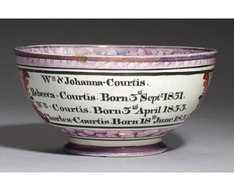 AN INSCRIBED  PURPLE MARBLED LUSTRE PEARLWARE PUNCH BOWL, PROBABLY NEWCASTLE, C1835 the interior with transfer print of 'Youn