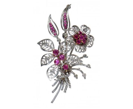 A RUBY, DIAMOND AND WHITE GOLD WIREWORK SPRAY OF FLOWERS BROOCH, C 1960 33 x 60mm, 15g++Good condition