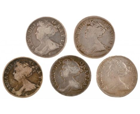 GREAT BRITAIN.  MILLED SILVER, ANNE HALF CROWN 1707E (2), 1708E, 1709, 1713 R&P, last almost VF others vg-F (5)++++