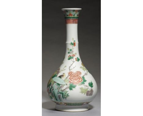 A CHINESE FAMILLE VERTE BOTTLE SHAPED VASE, KANGXI MARK, 19TH/20TH C 29cm h++Pinhead sized glaze depth graze on rim and pinhe