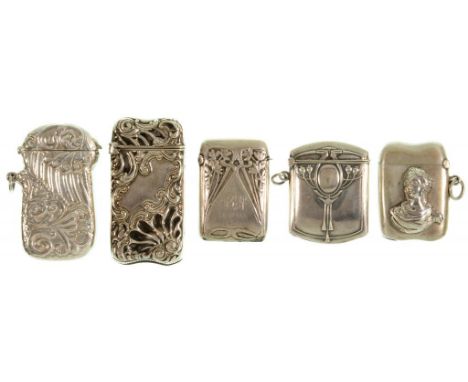 TWO NORTH AMERICAN AND THREE CONTINENTAL SILVER ART NOUVEAU AND OTHER VESTA CASES, C1900-10  with embossed decoration, 4-6.5c