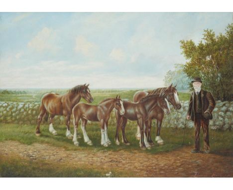 †THOMAS HEAL (FL LATE 19TH/EARLY 20TH C) PORTRAIT OF A FARMER AND HIS HORSES signed and dated 1911, oil on canvas, 54.5 x 75c