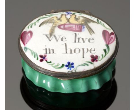 A SOUTH STAFFORDSHIRE ENAMEL PATCH BOX, C1770  the lid painted with billing birds and inscribed We Live in Hope, the base gre