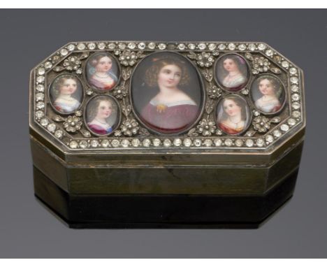 A CONTINENTAL PASTE SET SILVER GILT SNUFF BOX MOUNTED WITH PORTRAIT MINIATURES, LATE 19TH C 8.7cm w, unmarked, 4ozs 8dwts++Th
