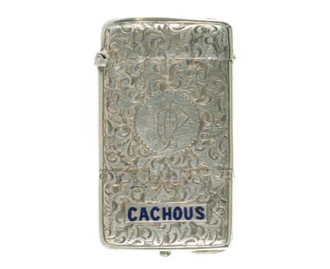A VICTORIAN SILVER COMBINATION VESTA AND CACHOU CASE   the front engraved with arabesques, 5cm h, by Howard James, Birmingham