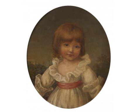 BRITISH SCHOOL, EARLY 19TH C PORTRAIT OF A CHILD POSSIBLY OF THE REYNOLDS FAMILY half length in a landscape with church steep