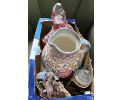 A SMALL BOX FULL OF COLLECTABLE POTTERY to include a Charlotte Rhead tube lined jug, limited edition Coalport Flamenco dancer