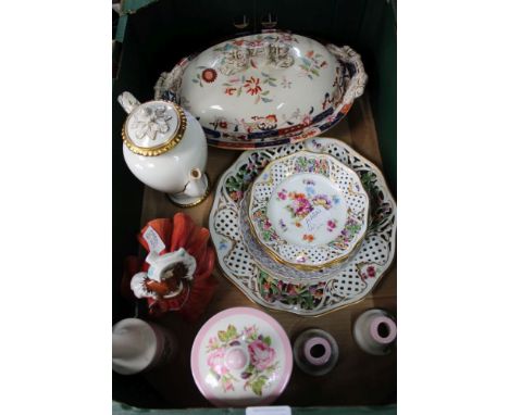 A BOX CONTAINING SELECTION OF POTTERY to include Royal Worcester Coffee pot, Dresden dessert plates, etc 