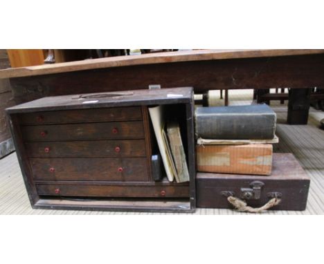 A VINTAGE WOODEN ENGINEERS TOOLBOX plus contents, together with various instruction manuals &amp; a smaller wooden box contai